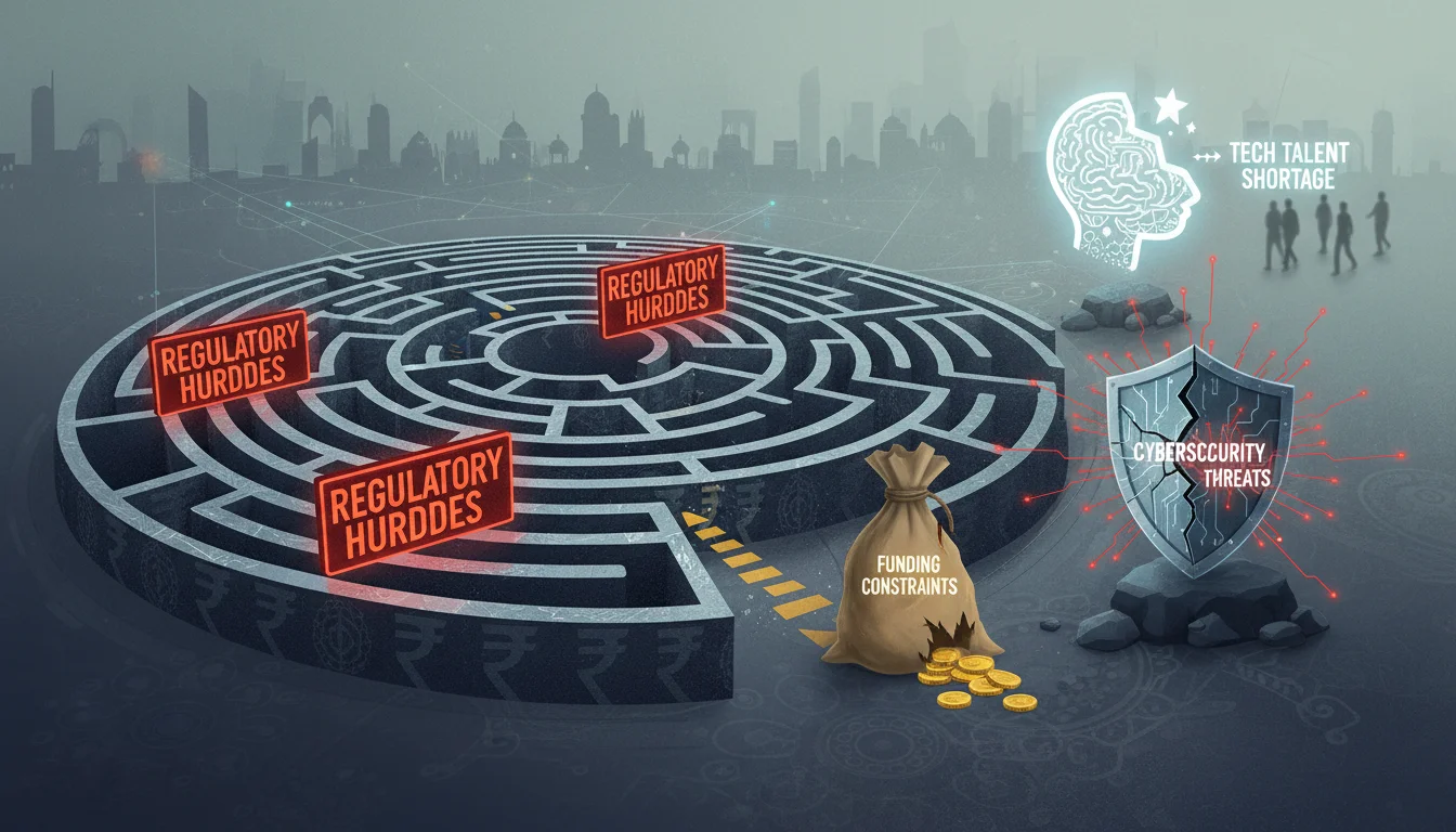 A conceptual image depicting the significant challenges faced by fintech startups in India. Show elements like a complex maze representing regulatory hurdles, a dwindling money bag symbolizing funding constraints, a broken shield for cybersecurity threats, and a puzzle piece missing from a brain for tech talent shortage. Use a slightly challenging or obstacle-filled but professional aesthetic with relevant subtle Indian motifs.