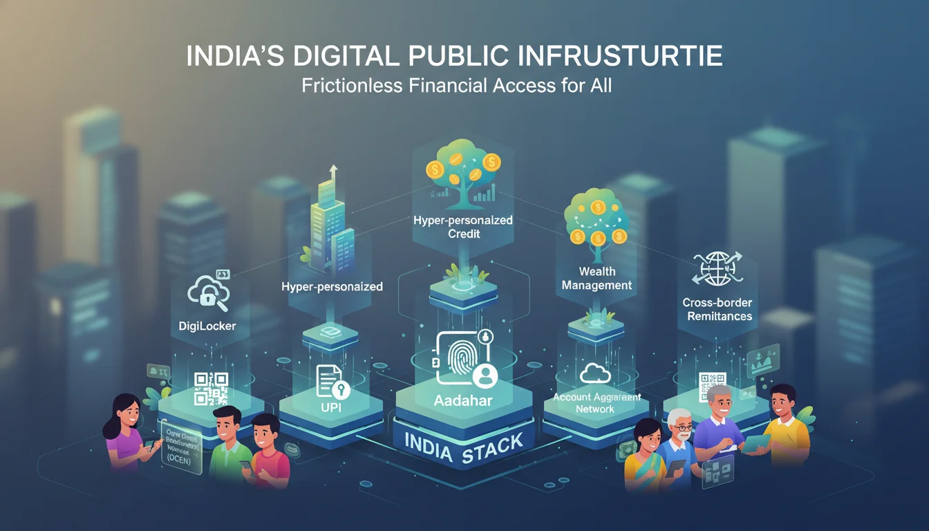 An illustrative image showcasing the foundational elements of India's Digital Public Infrastructure (DPI) or 'India Stack'. Depict intertwined elements like UPI, Aadhaar, e-KYC, DigiLocker, and Account Aggregator. Show these digital pillars supporting various modern fintech services like hyper-personalized credit, wealth management, and cross-border remittances, with diverse Indian users benefiting from frictionless financial access.
