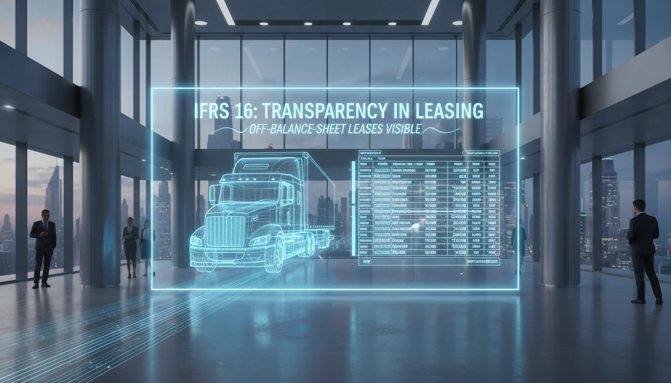 Conceptual architectural photography of a corporate office lobby where a holographic projection of a semi-truck and a financial ledger coexist, symbolizing the new transparency of IFRS 16 and bringing off-balance-sheet leases into visibility, high-tech aesthetic, soft blue lighting.