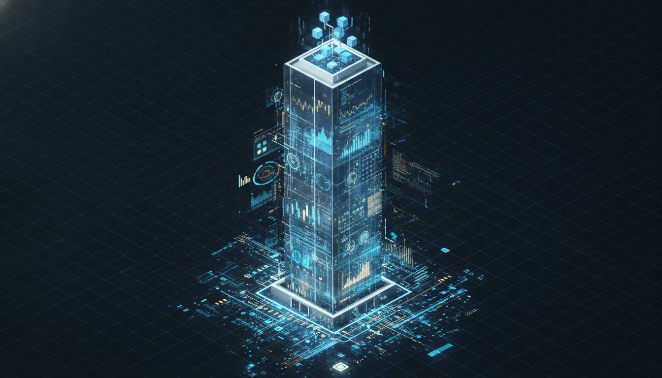 A conceptual digital art piece showing a 3D isometric software interface evolving into a modern glass skyscraper, symbolizing digital real estate. High-end financial data visualizations, glowing blue and gold circuitry, and professional business aesthetics, 8k resolution, cinematic lighting.