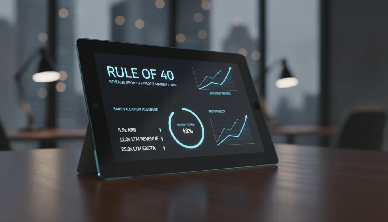 A professional financial analytics dashboard on a high-end glass tablet. The screen displays 'Rule of 40' metrics, glowing upward growth curves, and SaaS valuation multiples like 5.5x ARR in elegant blue and white typography. The background features a blurred modern office setting with cinematic bokeh, 8k resolution, photorealistic.