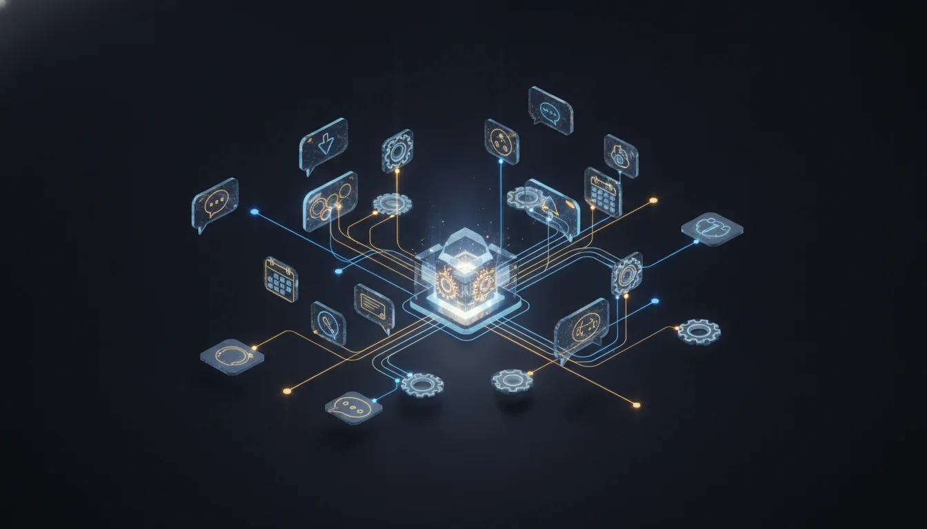 An abstract 3D isometric visualization of a 'MarTech Stack'. Floating app icons like chat bubbles, calendars, and data gears are interconnected by glowing gold and blue energy lines, converging into a central automated engine. Sleek tech aesthetic, dark theme, volumetric lighting, high-fidelity digital art.