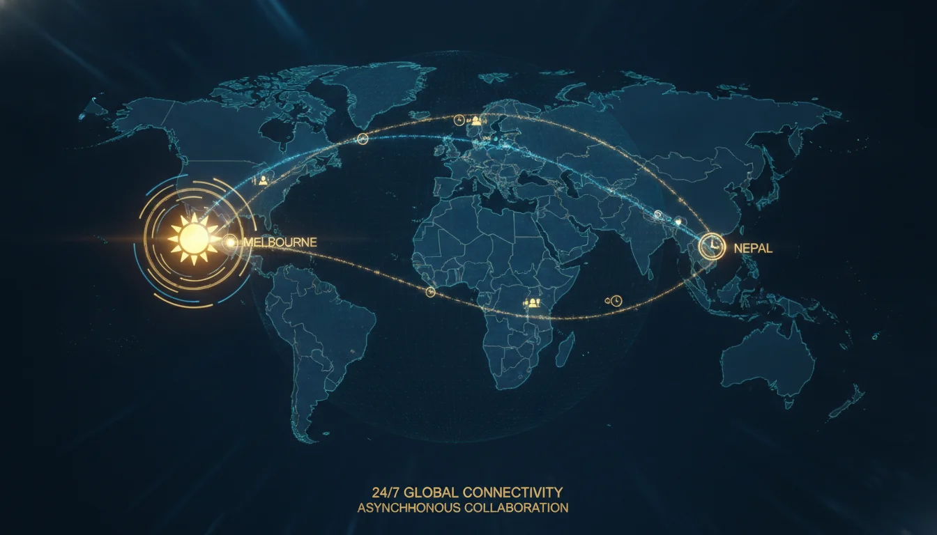 A high-tech digital world map showing a glowing sun icon moving across global time zones, connecting Melbourne and Nepal with glowing data lines. Minimalist, futuristic aesthetic with a focus on 24/7 connectivity and asynchronous collaboration. Professional blue and gold color palette.