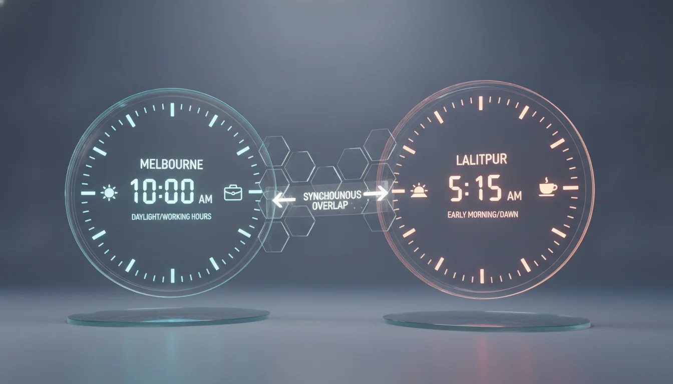 An infographic-style 3D clock visualization showing two time zones simultaneously: Melbourne (Daylight/Working Hours) and Lalitpur (Early Morning/Dawn). A glowing digital bridge connects the two clock faces, symbolizing the 'Synchronous Overlap' period. Clean, corporate aesthetic with glass textures and professional lighting.