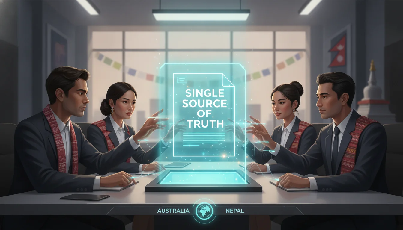 A conceptual digital illustration of two diverse professional teams—one in Australia and one in Nepal—collaborating through a holographic interface. They are interacting with a shared floating document ('Single Source of Truth'). The scene emphasizes mutual respect and seamless digital partnership, with a blend of modern office elements and subtle cultural motifs. Soft, vibrant lighting.