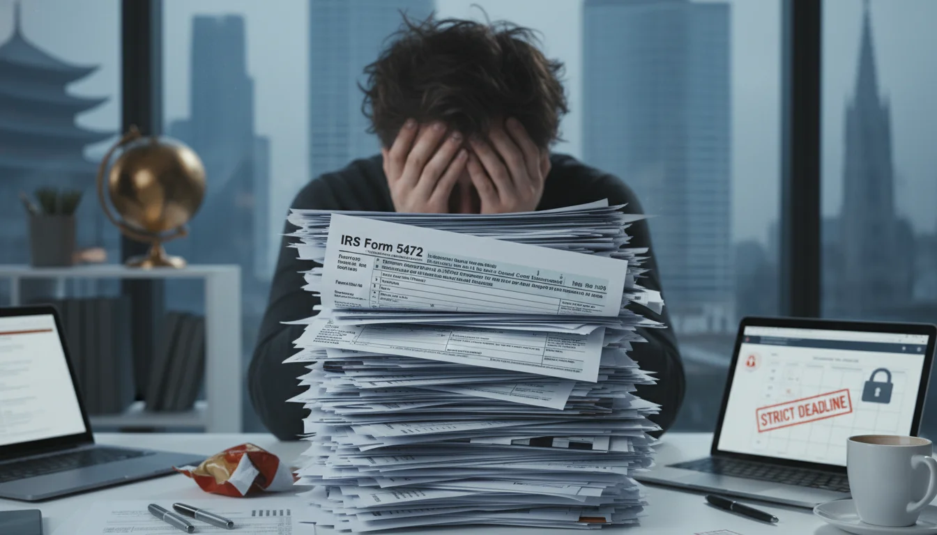 A person looking overwhelmed by a stack of tax forms, with one prominent form labeled 'IRS Form 5472' on top. The background should subtly suggest international business, emphasizing the complexity and strictness of foreign-owned LLC compliance.