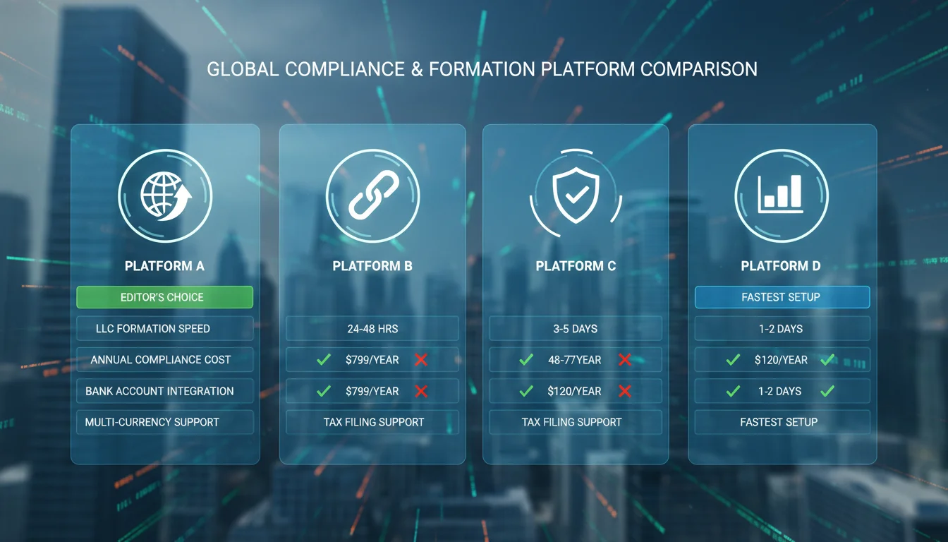A digital interface showcasing various software logos and data points, representing a comparison of different compliance and formation platforms for foreign-owned LLCs. The image should convey clarity, choice, and modern financial technology.