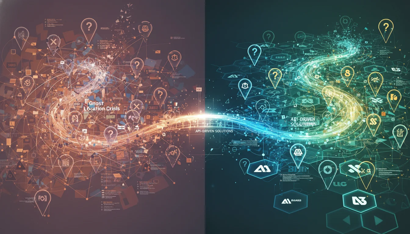 An abstract visual representing the challenges of data syndication for multi-location franchises. On one side, show a chaotic network of conflicting, fragmented data points and broken connections, symbolizing a 'Ghost Location Crisis' with faded or erroneous map pins. On the other side, illustrate a streamlined, interconnected flow of accurate, real-time data with glowing, synchronized map pins, emphasizing API-driven solutions. Use a clean, modern digital art style.