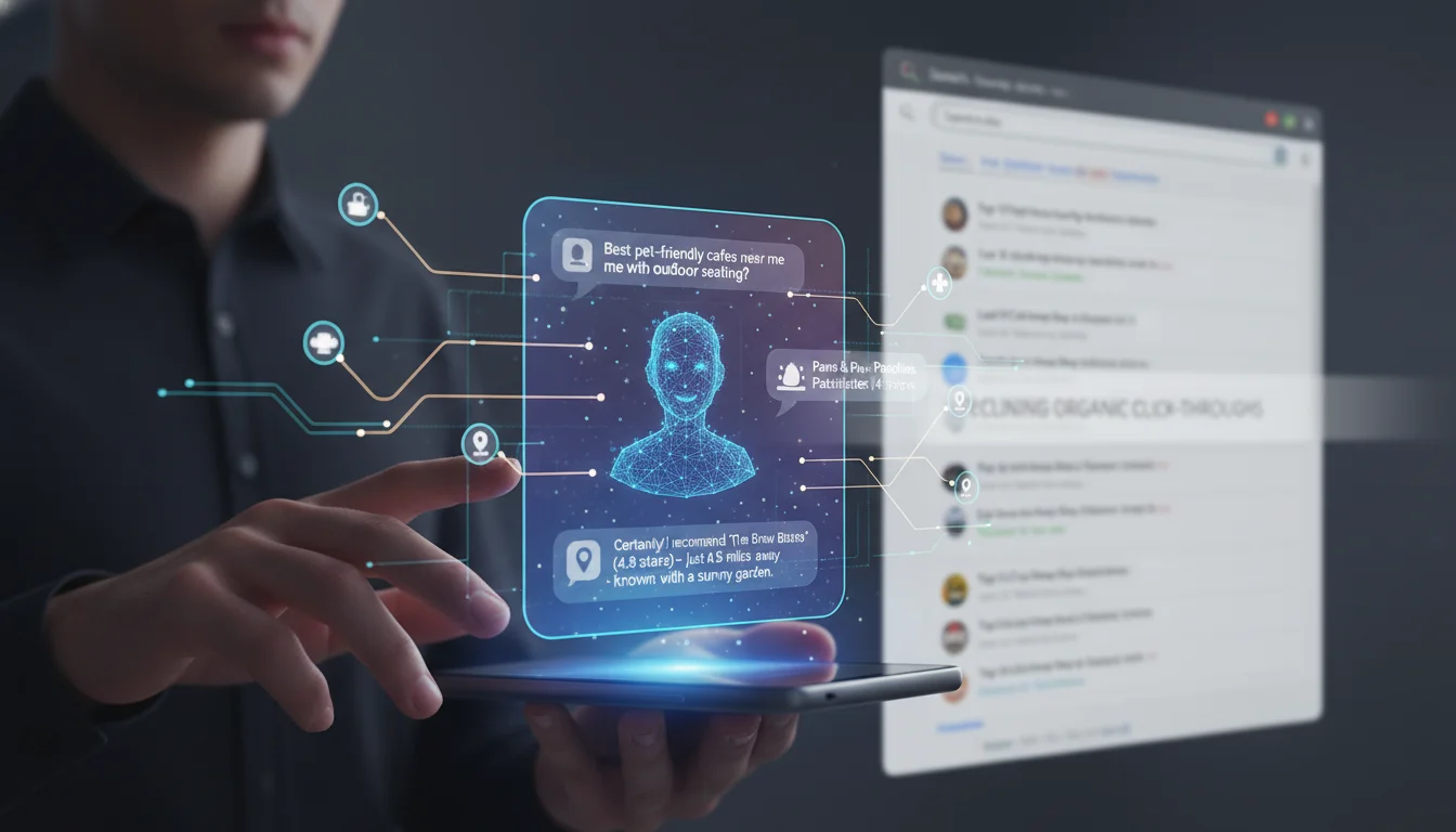 A visually striking representation of the shift to AI-driven local search. In the foreground, a person interacts with a futuristic, holographic AI chatbot interface, asking a localized question. Abstract data streams and neural network patterns emanate from the AI, leading to precise, recommended local businesses. In the background, subtly faded and less prominent, show a traditional search engine results page with a list of links, highlighting the decline of organic click-through rates. Emphasize the conversational and direct nature of AI answers for local queries.