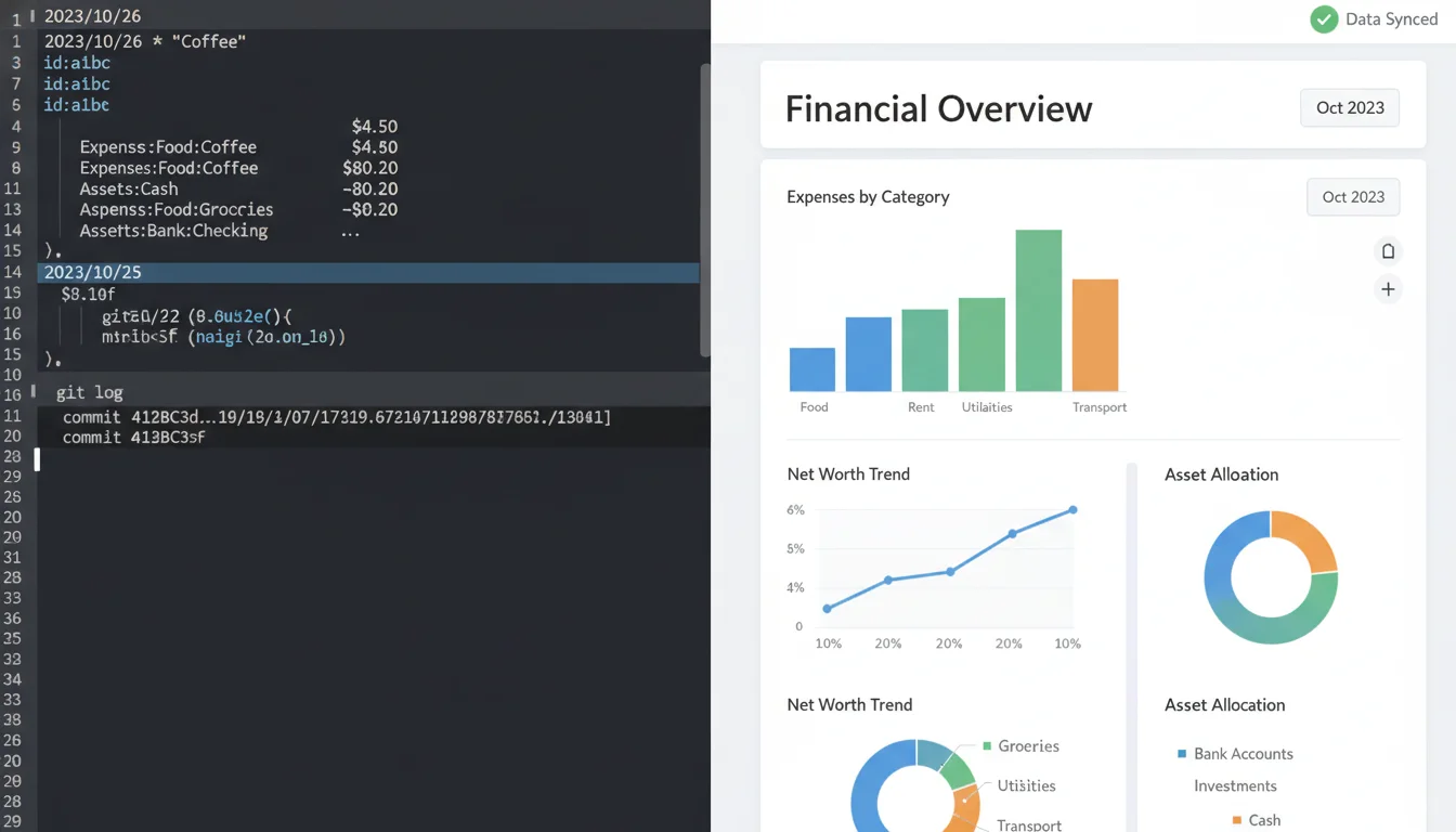 A split-screen or dual-perspective image. On one side, a dark-themed coding environment (IDE or terminal) displays plain text accounting entries (e.g., hledger or beancount syntax), resembling version-controlled source code with git commit IDs. On the other side, an elegant, modern financial dashboard or graph (e.g., fava GUI) dynamically visualizes the data from the text file. The image should convey the seamless, powerful connection between code and financial reporting, emphasizing data integrity and developer control.