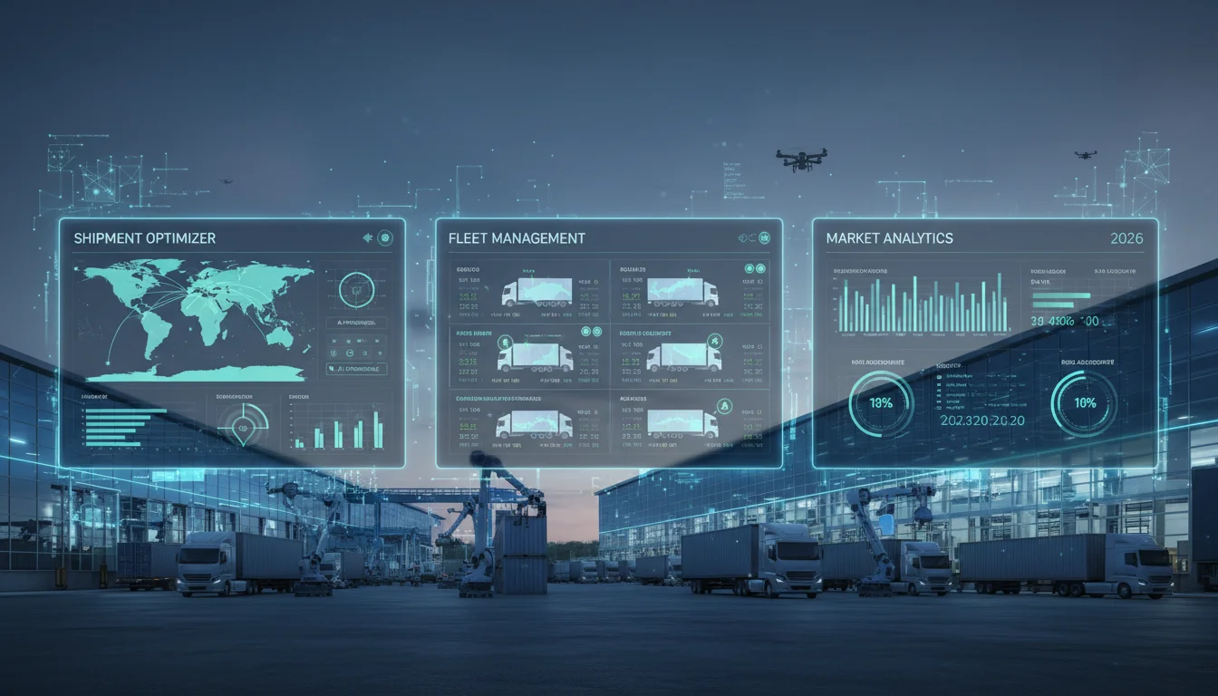 Vibrant digital interface displaying multiple freight brokerage software dashboards side-by-side, with data analytics and AI elements, against a background of a modern logistics hub with trucks and warehouses, futuristic 2026 aesthetic, high-tech, professional.