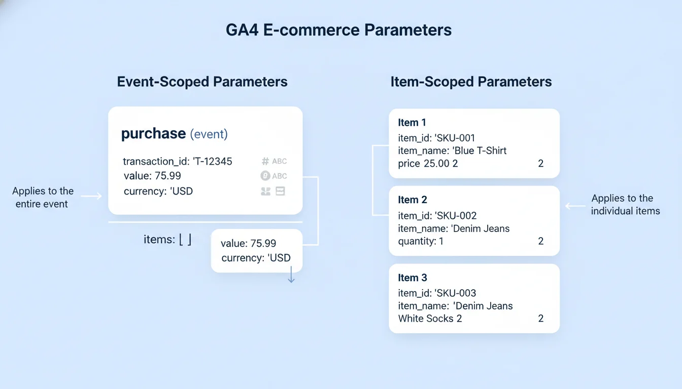 A clear, concise diagram illustrating the difference between GA4 event-scoped and item-scoped parameters within an e-commerce transaction. Show a main 'purchase' event with top-level parameters like 'transaction_id', 'value', 'currency', and a nested 'items' array, where each item has its own parameters like 'item_id', 'item_name', 'price', 'quantity'. Use clean, modern infographic style.