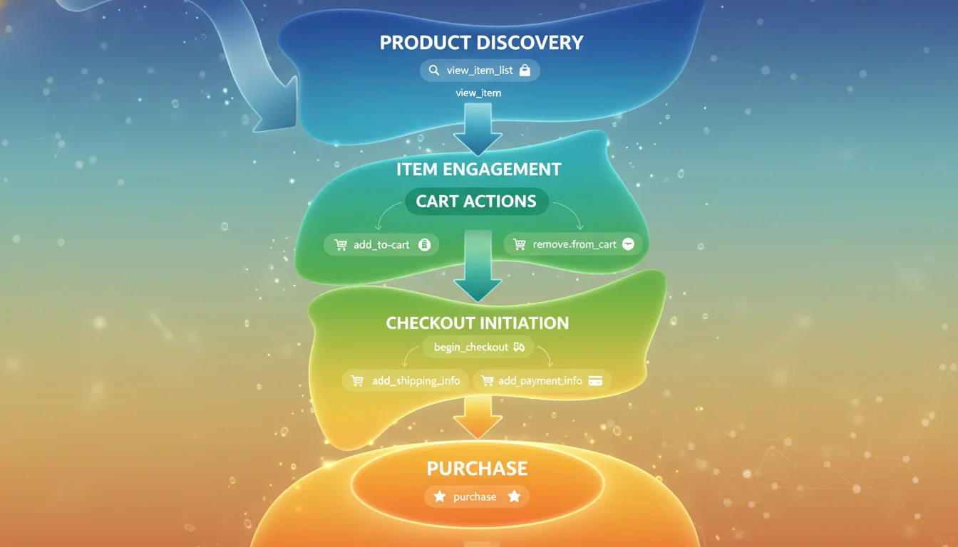 A vibrant, flowing infographic visualizing the GA4 e-commerce funnel, depicting the user's journey from product discovery (view_item_list) through item engagement (view_item), cart actions (add_to_cart, remove_from_cart), checkout initiation (begin_checkout, add_shipping_info, add_payment_info), and culminating in a purchase. Use arrows and distinct stages to represent the progression, with small icons or labels for each event.