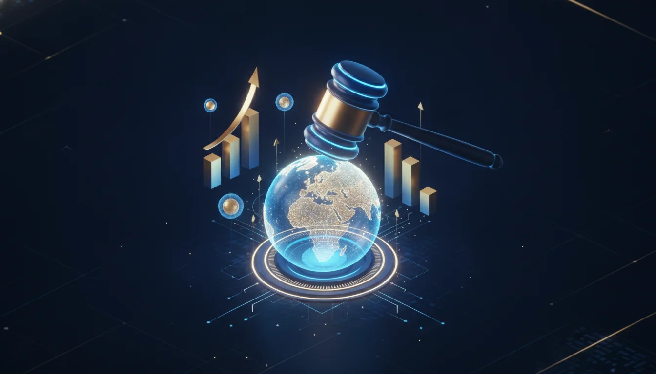 A conceptual 3D isometric illustration of a digital auction gavel striking a glowing holographic globe, with floating financial bar charts showing rising costs and data nodes. Professional blue and gold color palette, high-tech corporate aesthetic.