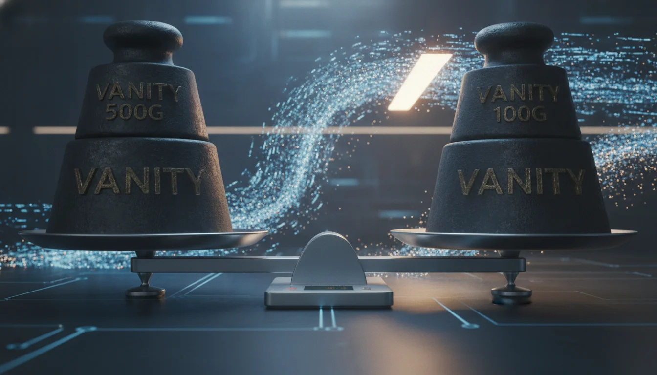 A conceptual 3D illustration of a digital scale being forced level by heavy iron weights labeled 'Vanity', while a background stream of glowing data nodes (the algorithm) attempts to flow naturally toward more efficient paths. Professional blue, silver, and gold lighting.
