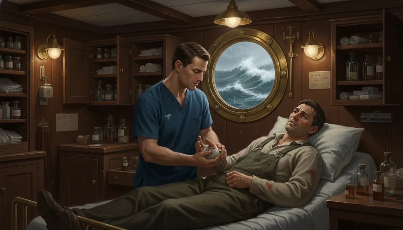 A high-detail digital painting of a ship's infirmary interior, where a maritime medic in professional blue scrubs is examining an injured seafarer's hand. Through the circular porthole, a stormy grey ocean is visible, representing the 'maintenance and cure' obligation of shipowners.