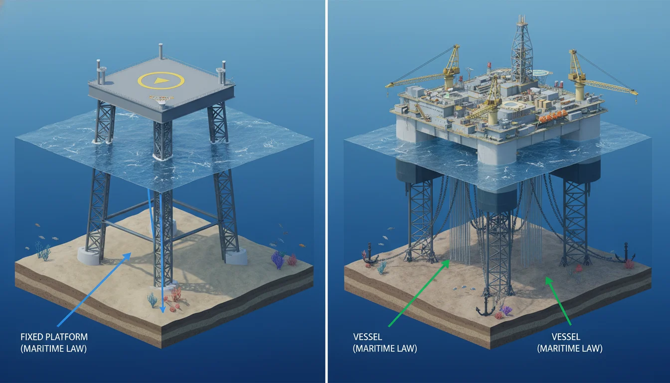 A side-by-side technical 3D illustration of a Jack-up rig with its legs extended into the seafloor versus a massive semi-submersible platform floating with complex mooring lines, underwater view included to show the structural differences between a 'vessel' and 'fixed platform' in maritime law.