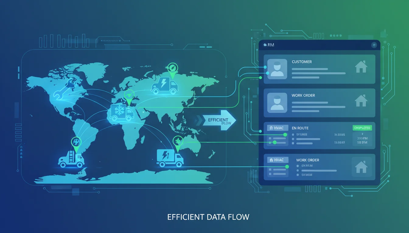 A modern, digital illustration depicting a seamless integration of GPS tracking on a map interface with a CRM dashboard for home services. Show stylized icons of service vehicles (HVAC, plumbing) connected by data lines to customer profiles and work orders. Emphasize efficiency, technology, and data flow. Dynamic, clean, professional style with a blue and green color scheme.