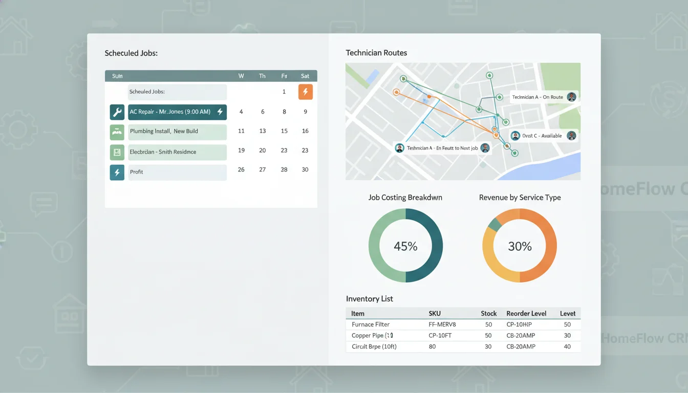 A digital illustration showing a diverse array of CRM dashboard elements relevant to home services, such as a calendar with scheduled jobs, a map with technician routes, financial charts for job costing, and an inventory list. The design should convey organization, efficiency, and vertical integration, with subtle branding elements representing general home service CRM without specific company logos. Clean, modern, professional style.