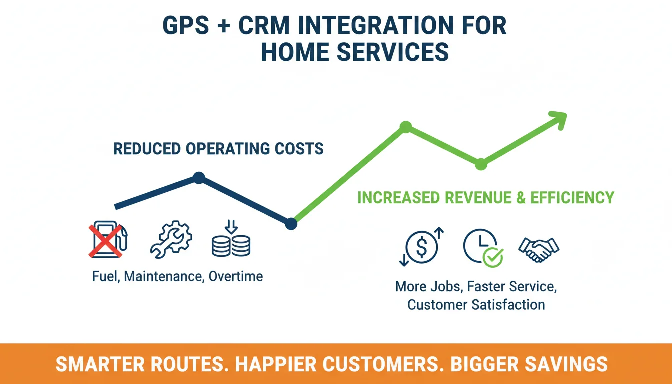 A stylized illustration demonstrating the financial benefits of integrated GPS and CRM for home services. Show a line graph with a downward trend representing reduced costs (e.g., fuel, maintenance) and an upward trend representing increased efficiency or revenue. Incorporate small icons like a fuel pump with a red 'X' or a wrench fixing a vehicle, symbolizing proactive maintenance. The overall image should communicate savings and efficiency, using a clear, infographic style.