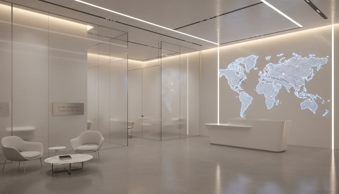 A high-end, minimalist architectural rendering of a luxury medical clinic or premium boutique showroom, featuring sophisticated lighting, glass partitions, and a global digital map on a wall, conveying exclusivity and standardized excellence.