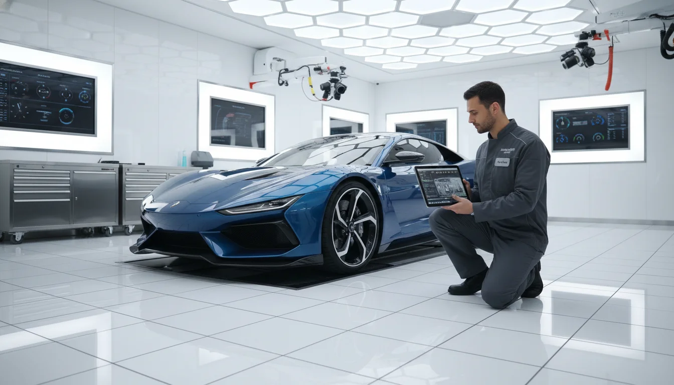 An ultra-luxury automotive service bay featuring a clean, white-tiled floor, advanced overhead LED diagnostic lighting, and a professional technician in a branded uniform using a high-resolution digital tablet to inspect a sleek, metallic sports car.