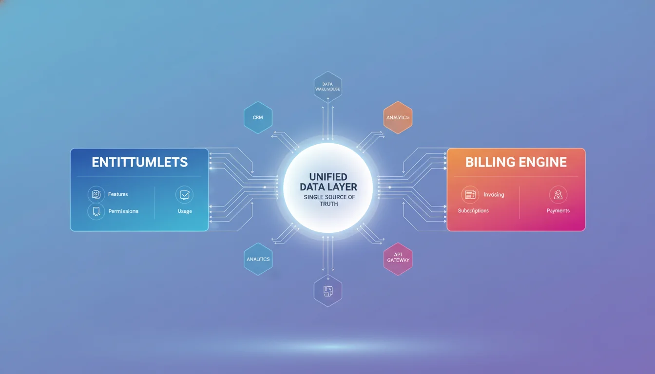 An abstract, clean digital illustration representing the architectural concept of 'decoupling' in SaaS billing. Show distinct, independent modules for 'Entitlements' and 'Billing Engine' with clear data flow between them, emphasizing a central 'single source of truth' or a 'unified layer' connecting various microservices. Use modern, tech-oriented visuals with subtle gradients and interconnected lines.