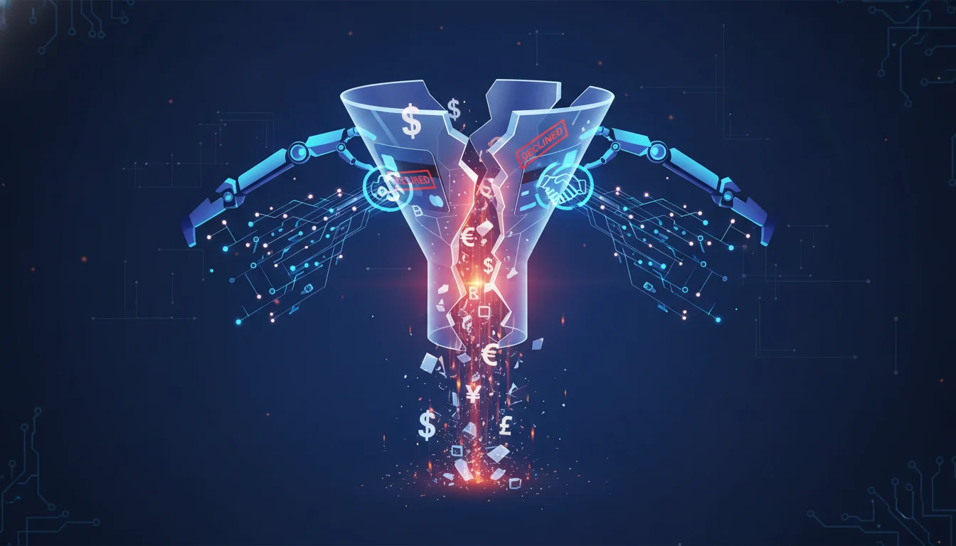 A dynamic, modern digital art illustration depicting 'involuntary churn' and 'payment failure' in SaaS. Show a fractured pipeline or a leaky funnel where digital currency or data streams are visibly escaping, representing lost revenue. Include subtle elements of credit cards with 'declined' symbols or broken connections, with a sense of urgency and a hint of a protective or recovery mechanism trying to mend the leaks. Professional, clean style.