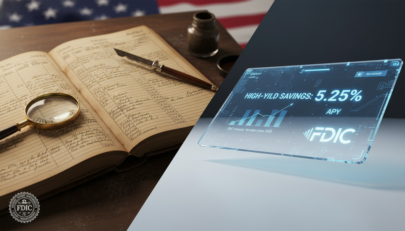 A split image contrasting an old, dusty bank ledger with a modern, sleek digital banking interface displaying high savings rates, symbolizing the shift from traditional to digital finance in the US, with subtle elements of regulatory oversight like FDIC logo.