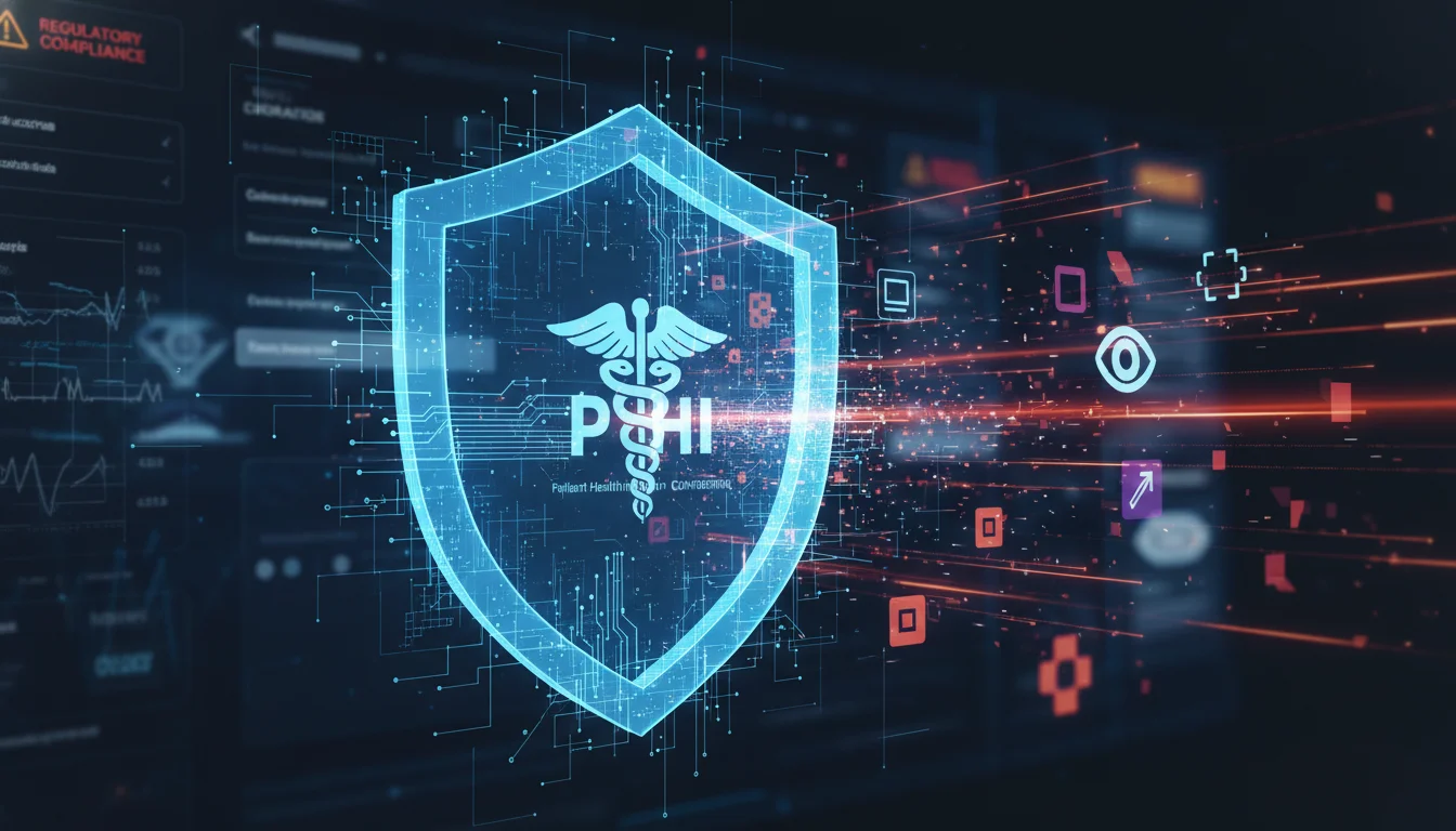A digital shield protecting sensitive patient health information (PHI) from various tracking pixel icons and data streams, with blurred background elements of a healthcare website interface and regulatory warning signs, modern cybersecurity aesthetic.
