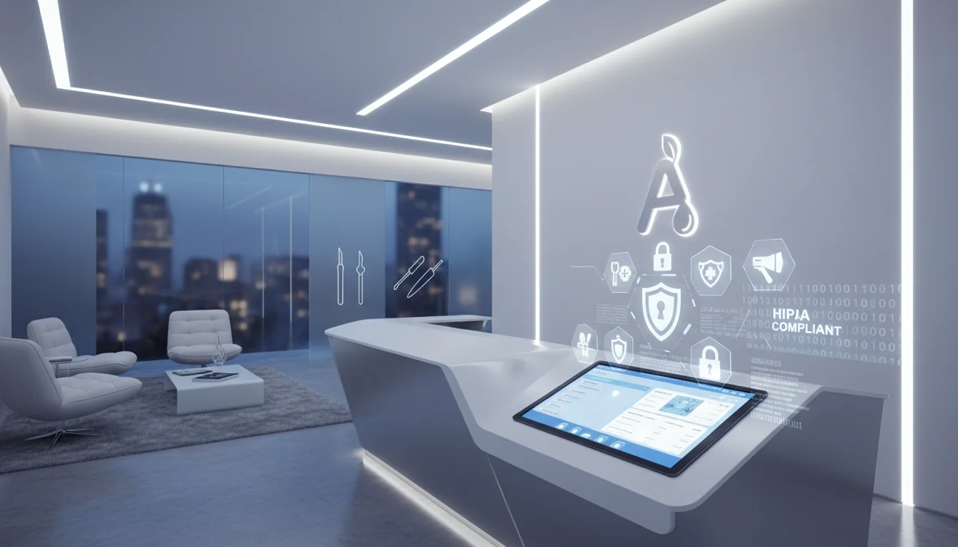 A sleek, modern aesthetic clinic reception area with a digital interface showing a CRM dashboard on a tablet. Overlays of secure data locks and privacy shields indicate HIPAA compliance. Subtle surgical instruments or aesthetic treatment symbols in the background. Professional, clean, and technologically advanced feel.