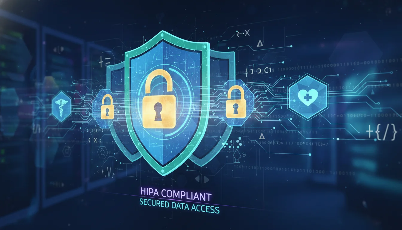 Abstract visualization of data encryption and access control. Interlocking digital shields and padlocks protecting medical data flowing through a network. Binary code or cryptographic symbols subtly integrated. Emphasize security and compliance with HIPAA standards. Modern, clean, and slightly technical aesthetic.