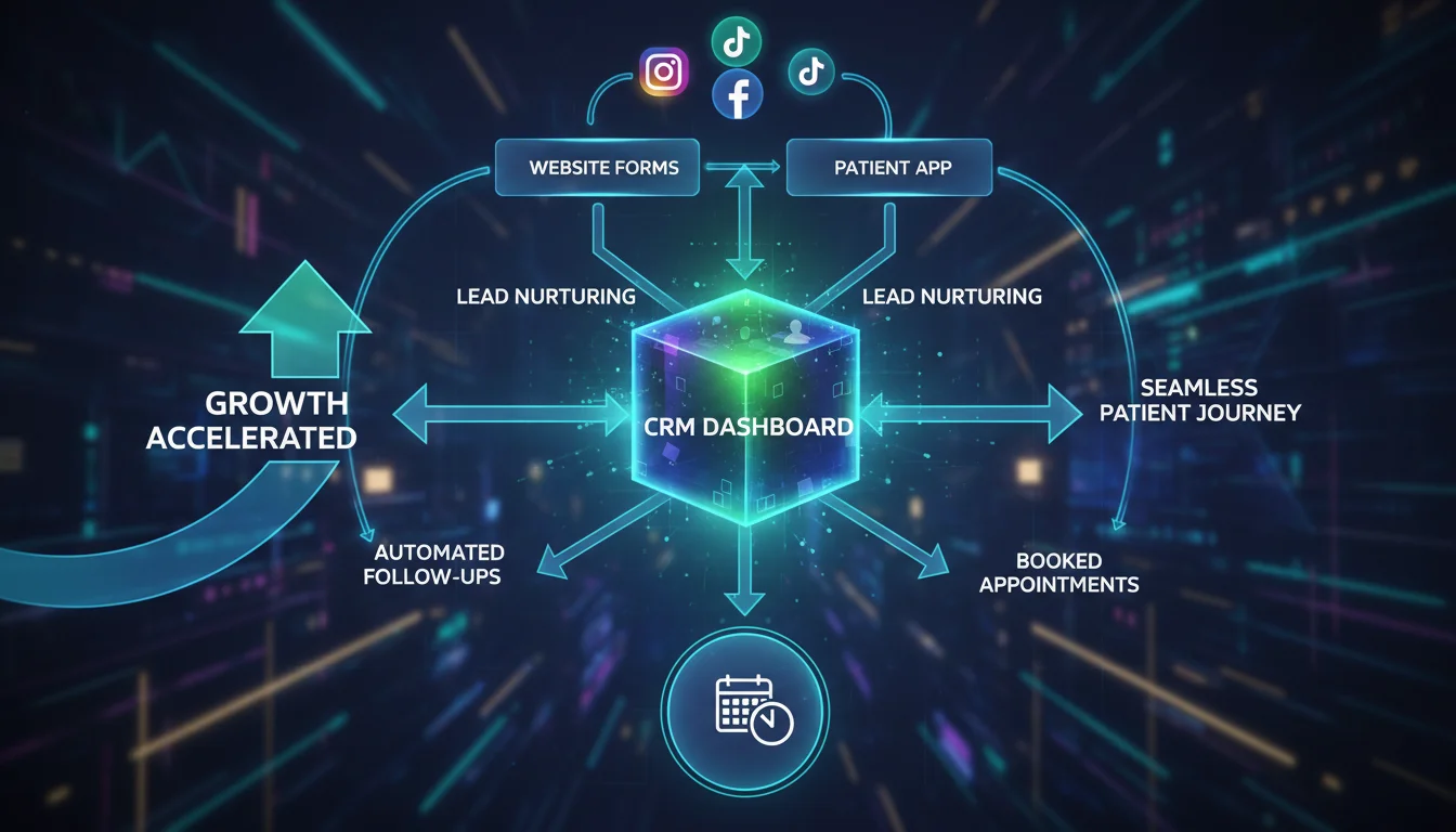 Dynamic visual representation of a lead conversion funnel for an aesthetic clinic. Digital lines connecting social media icons, website forms, and patient apps to a centralized CRM dashboard. Arrows indicating lead nurturing and conversion into booked appointments. Focus on growth, automation, and patient journey. Vibrant, modern, and business-oriented.