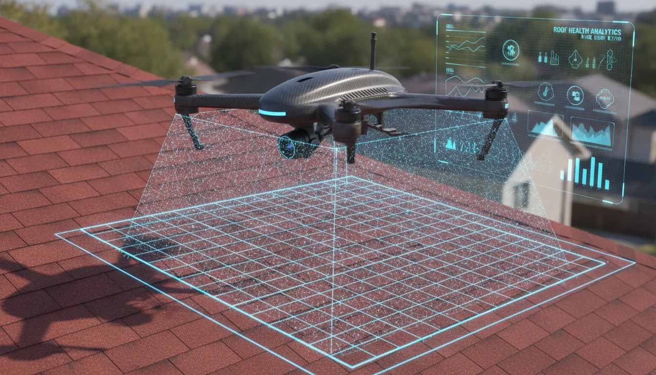 A high-tech industrial drone hovering over a residential rooftop, projecting a blue digital scanning grid onto the shingles. In the background, a transparent HUD overlay displays data analytics and AI-driven risk scores. Futuristic technology theme, sharp focus, cinematic daylight, 8k resolution.