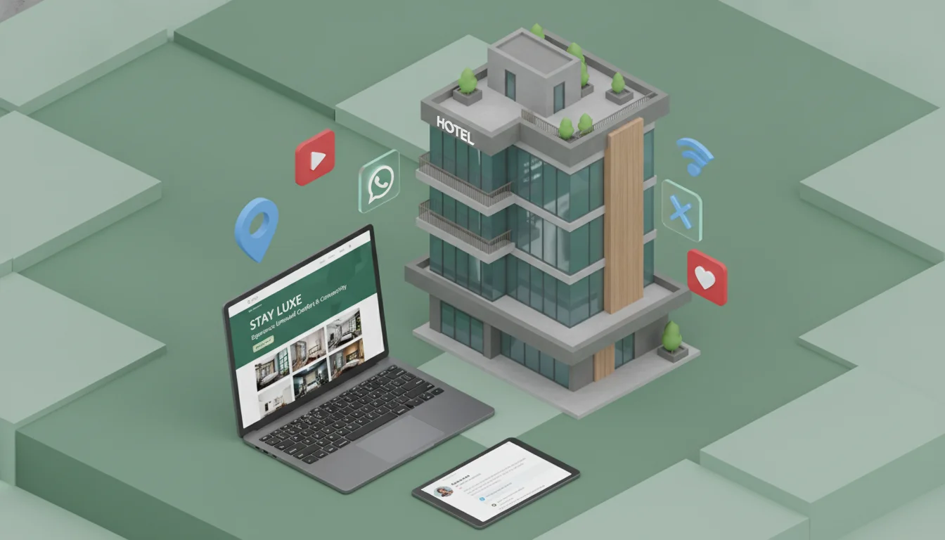 A high-quality 3D isometric illustration of a modern hotel building surrounded by digital icons like Google Maps and social media logos. A sleek laptop in the foreground displays a professional website layout. Forest-green and clean business aesthetic.