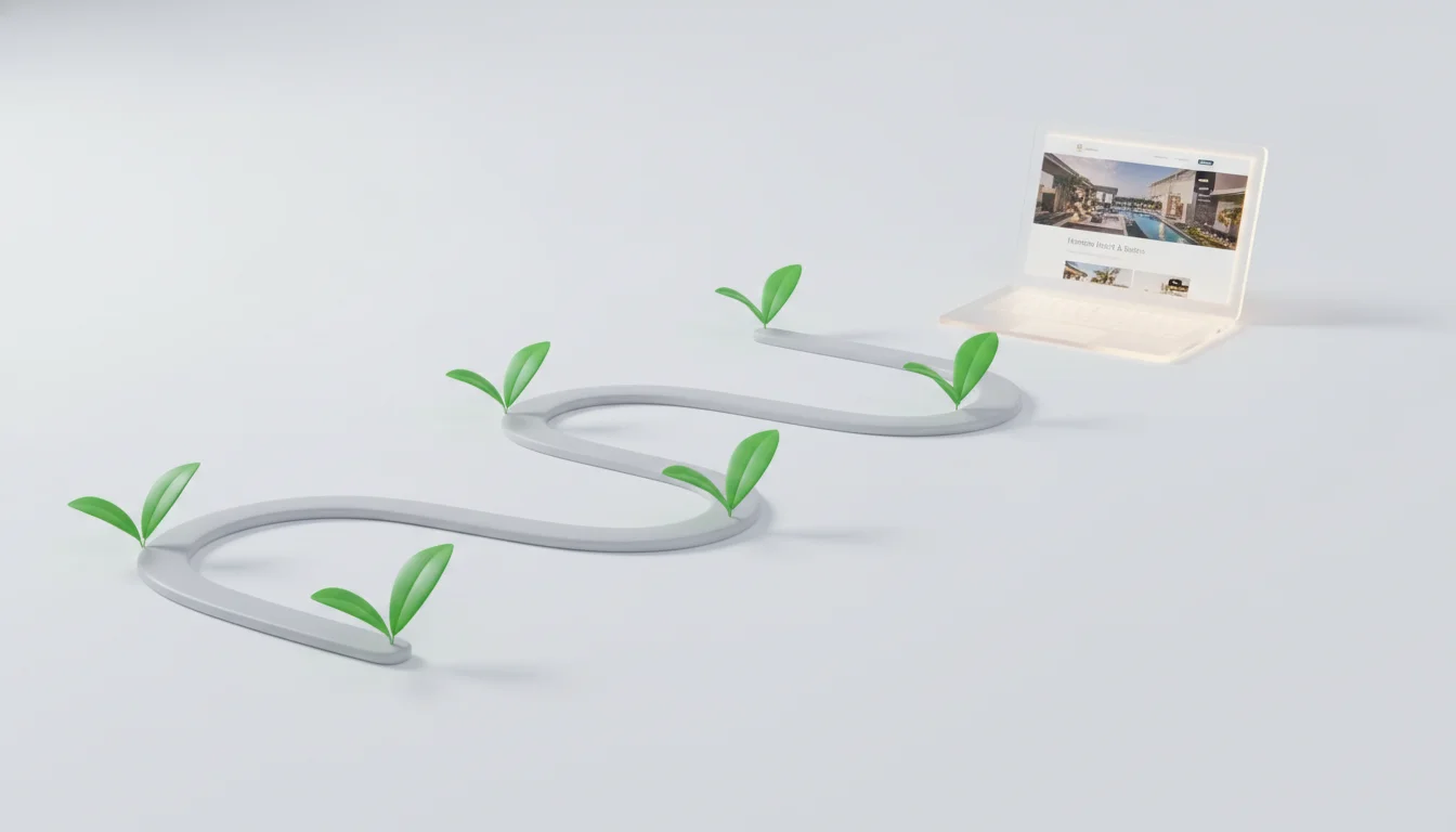 A minimalist and elegant 3D render of a roadmap or timeline graphic. Each milestone is a green leaf on a winding path, leading to a glowing laptop screen at the end showing a completed hotel website. Soft shadows and a clean white background.