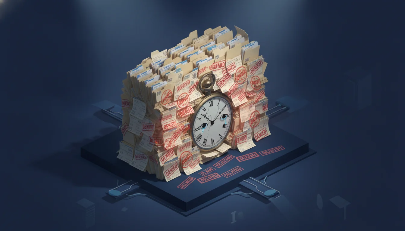 A dramatic 3D isometric illustration of a clock trapped behind a wall of towering insurance claim folders and red 'DENIED' stamps, representing systemic insurance industry delays and attrition tactics, cinematic lighting, corporate blue and red color palette.