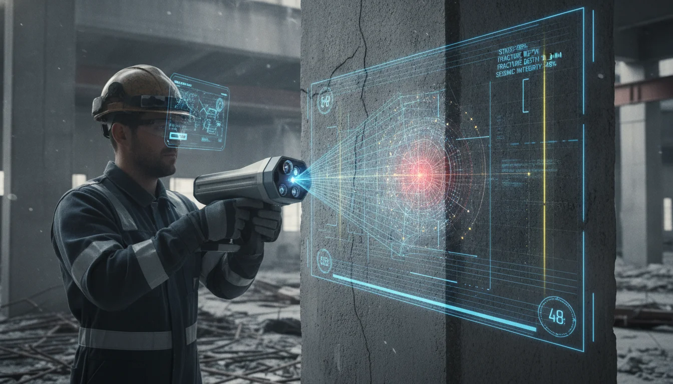 A high-tech forensic engineer in safety gear using a handheld laser scanner to detect hairline fractures on a structural concrete pillar after an earthquake, featuring digital holographic overlays of stress points and structural data, 8k resolution, photorealistic.