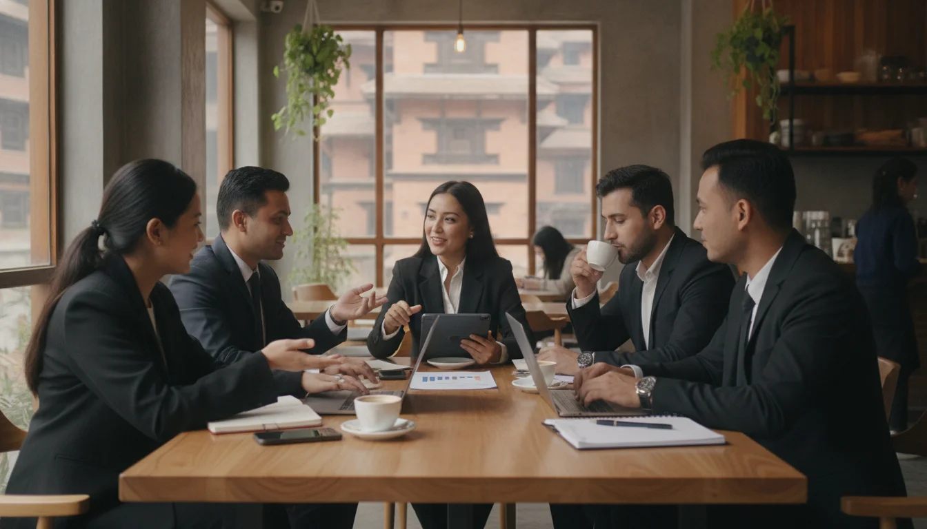 A group of diverse Nepali entrepreneurs in professional attire having a coffee at a modern cafe in Kathmandu, discussing business over a laptop and tablets. High-resolution, corporate lifestyle photography, soft natural lighting, capturing a sense of networking and community.