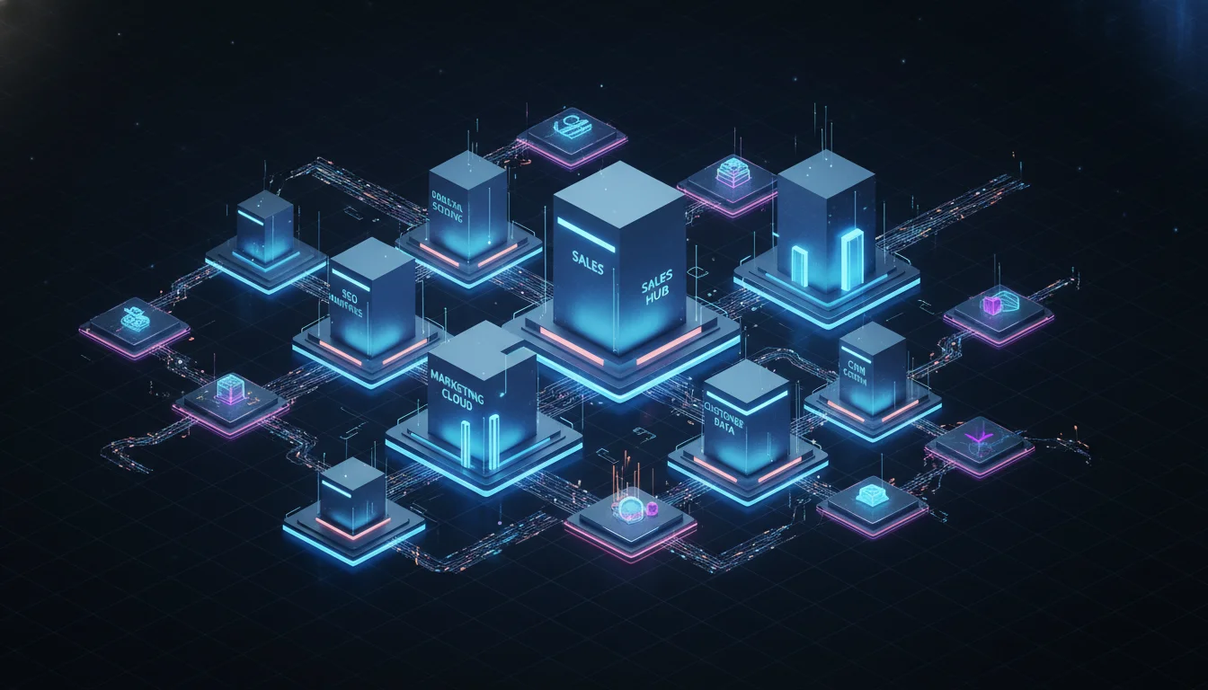 A futuristic 3D isometric visualization of a modular software ecosystem. Glowing interconnected nodes and data streams representing specialized marketing, sales, and CRM modules. Clean professional aesthetic with cool blue and neon accents, 8k resolution, minimalist architectural style.