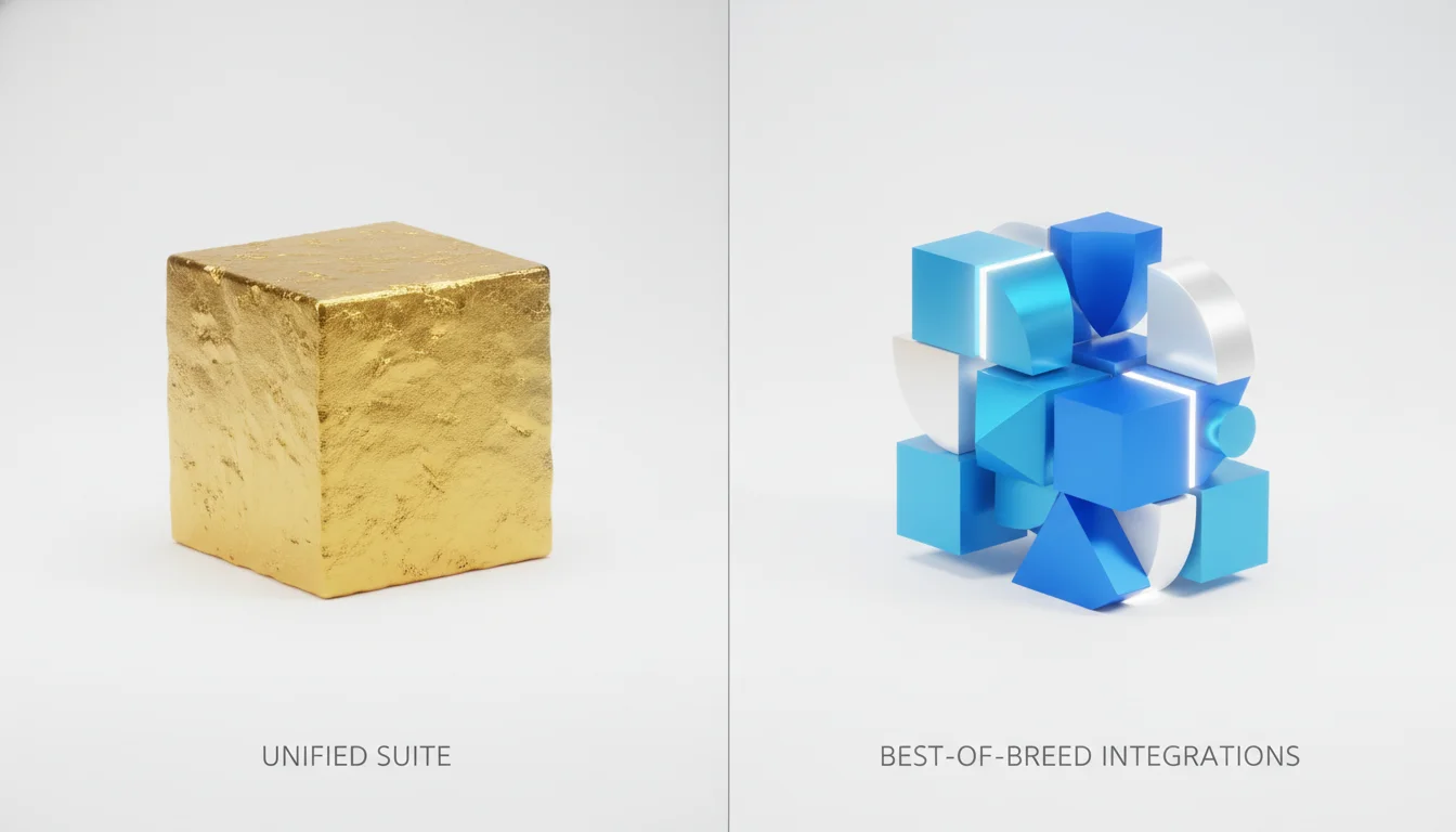 A 3D conceptual split-screen comparison: on one side, a heavy, monolithic solid gold block representing a 'unified suite' software; on the other side, a vibrant collection of sleek, interlocking modular pieces in blue and white representing 'best-of-breed' integrations. Minimalist studio lighting, clean white background, 8k resolution.