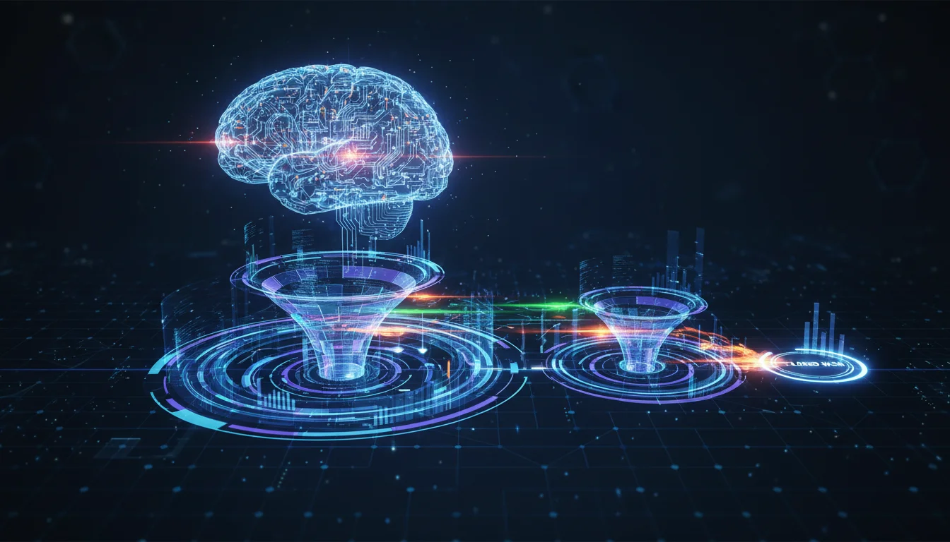 An abstract visualization of Artificial Intelligence in sales: a glowing, semi-transparent digital brain hovering over a data-driven sales pipeline with neon light streaks representing fast-moving leads. Futuristic professional design, cool corporate color palette, high-tech aesthetic.