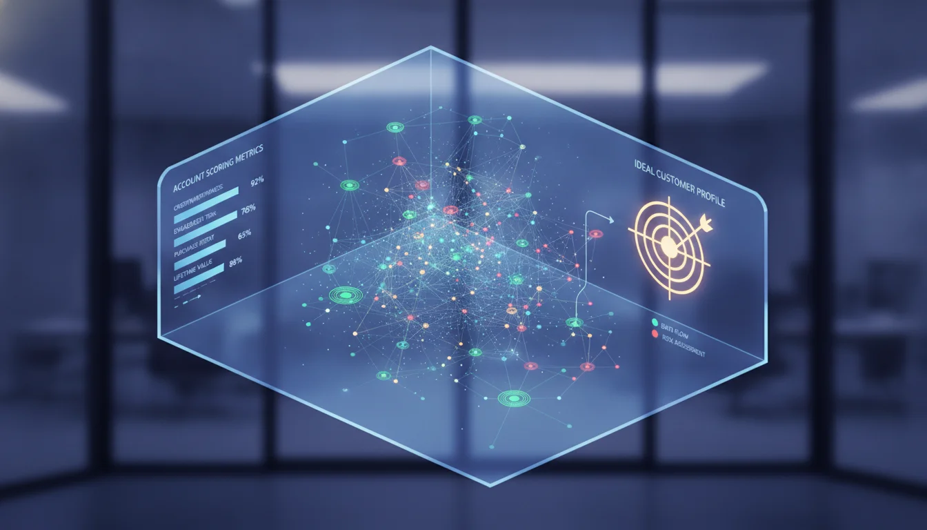 A sophisticated 3D isometric visualization of a digital data dashboard showing interconnected nodes, account scoring metrics, and a target icon representing the Ideal Customer Profile, professional corporate style, 8k resolution.