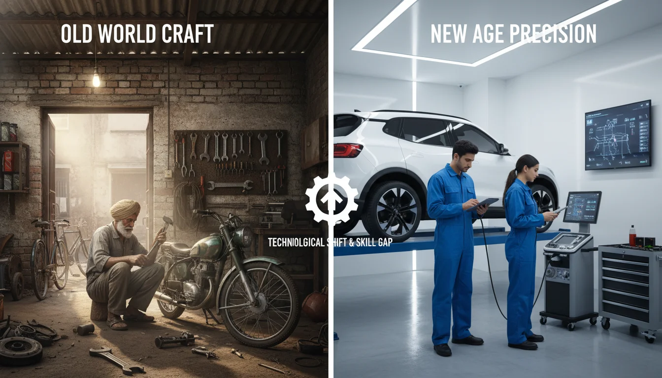 A split image contrasting an old, traditional Indian mechanic's garage with basic tools on one side, and a sleek, modern auto service center on the other side, featuring technicians working on an electric vehicle (EV) with advanced diagnostic equipment and tablets, symbolizing the technological shift and skill gap in the industry.