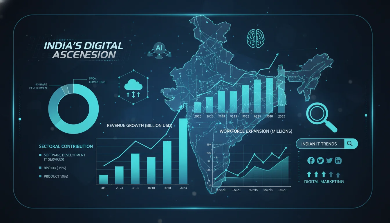 Dynamic infographic showing Indian IT growth with charts and graphs, subtle AI and cloud icons, a map of India in the background, and digital marketing elements like a magnifying glass or search bar, vibrant and professional.