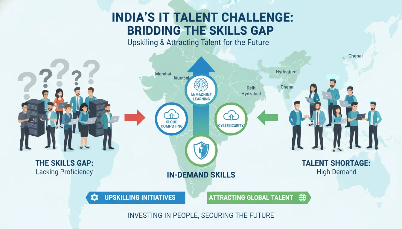 A visually compelling infographic illustrating the talent shortage and skills gap in the Indian IT industry. Show a diverse group of tech professionals, some with question marks above their heads representing lacking skills, while others are in demand. Include icons for AI, cloud computing, and cybersecurity skills, with a subtle background of India's tech hubs. The overall tone should be professional and highlight the need for upskilling and attracting talent.