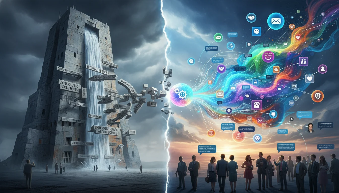 An artistic representation of the contrast between traditional, monolithic B2B marketing and agile, personalized digital marketing. On one side, a large, rigid corporate building with complex jargon flowing out. On the other side, a network of diverse, smaller digital platforms (social media, specialized forums) with personalized messages reaching specific individuals, symbolizing effective, human-centric engagement. Emphasize the shift from broad reach to targeted connection.