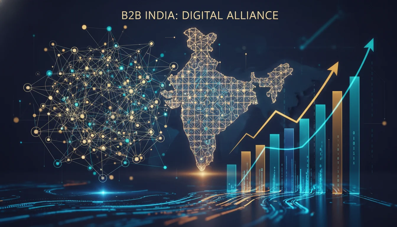 Digital marketing concept for B2B in India. Illustrate a network of interconnected businesses, digital graphs showing growth, elements of Indian architecture or a map of India subtly in the background, and abstract representations of data flow. Professional, dynamic, and forward-looking.