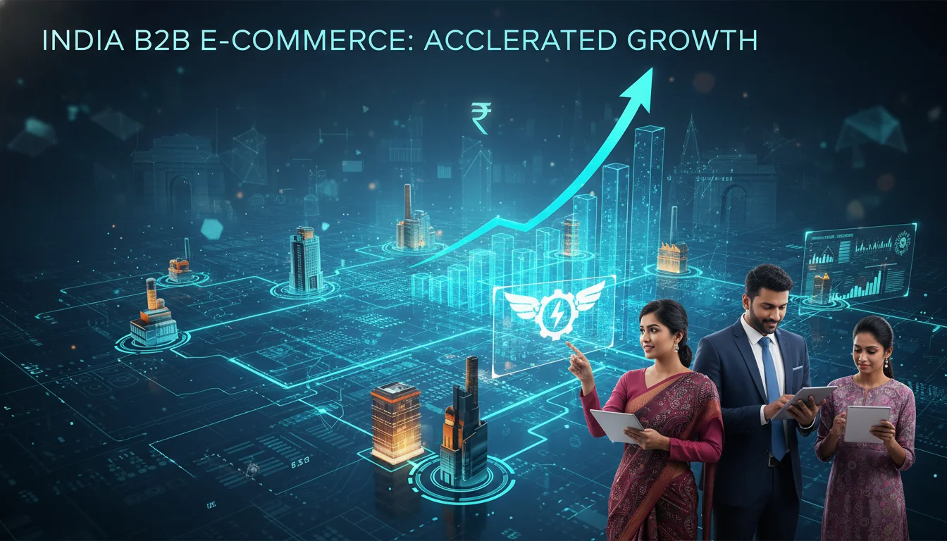 A dynamic visual representing the rapid growth and digital transformation of the Indian B2B e-commerce sector. Include elements like interconnected digital networks, upward-trending graphs, small and medium enterprises (MSMEs) integrating technology, and symbols of efficiency and speed. Focus on a modern, professional aesthetic with subtle Indian cultural motifs.