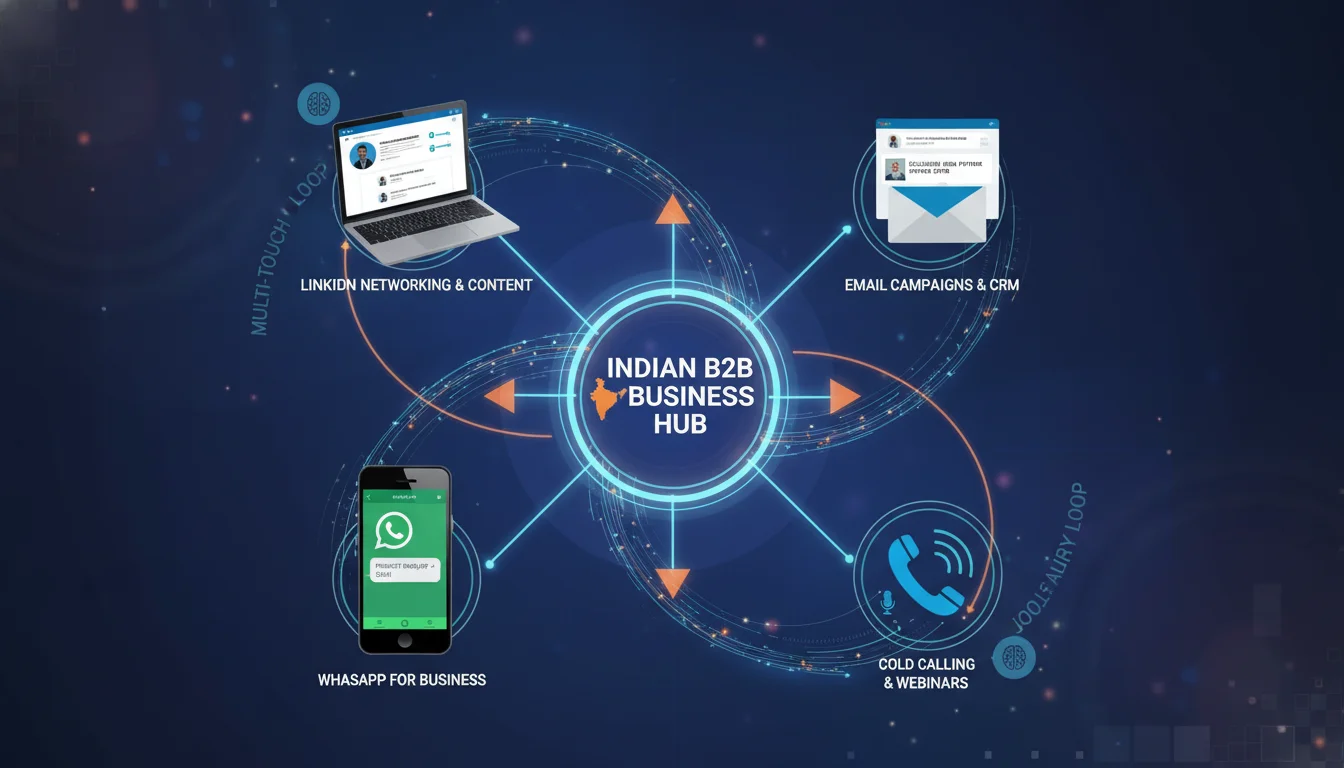 Illustrate a multi-channel B2B digital marketing strategy specifically for the Indian market. Show a central hub representing a business, with distinct digital channels radiating outwards: a mobile phone displaying WhatsApp, a laptop screen showing LinkedIn, an email icon, and a phone for calls. Emphasize interconnectedness and a 'multi-touch memory loop' concept. Use a clean, professional, and tech-savvy style with elements hinting at an Indian business context.